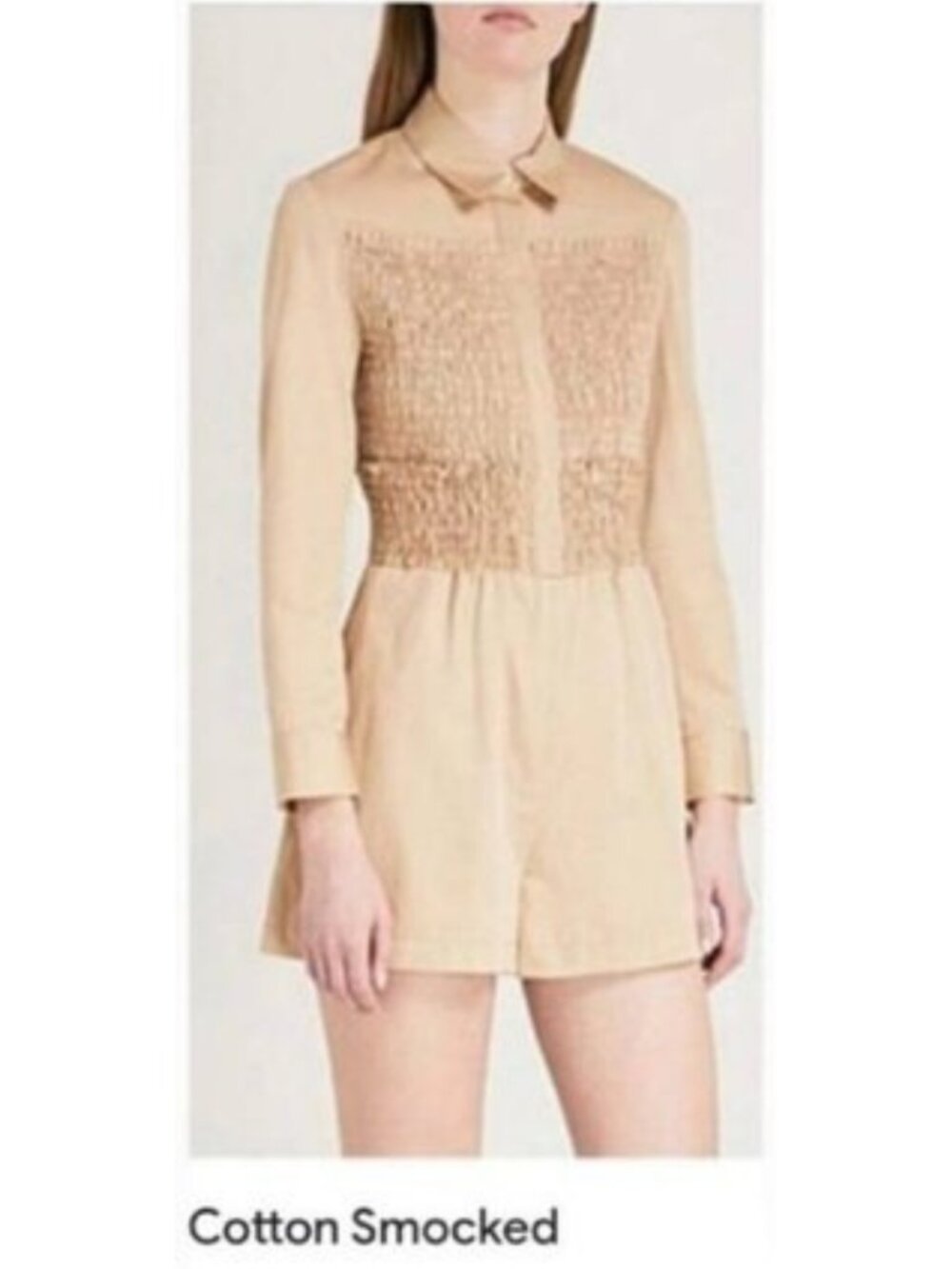 Maje Imara Smocked Cotton Romper Beige Sable Button Front Size 40 US Large L